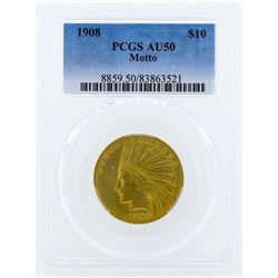 1908 Motto $10 Indian Head Eagle Gold Coin PCGS AU50