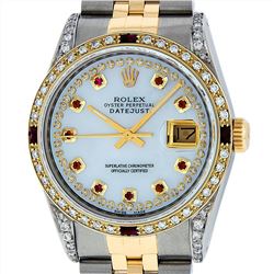 Rolex Mens Two Tone 18KT Yellow Gold Ruby and Diamond Datejust Wristwatch