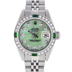 Rolex Ladies Stainless Steel Emerald and Diamond Datejust Wristwatch