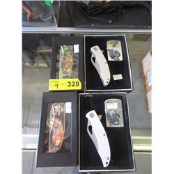 4 New Folding Knives - 2 with Lighters