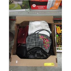 Box of Table Linens & Purses