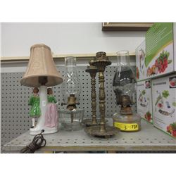 Pair of Brass Candleholders & 4 Vintage Lamps