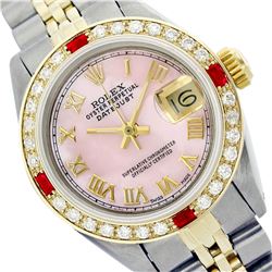 Rolex Ladies Two Tone 14K Gold/ss, Roman Dial with Diam/Ruby Bezel, Saph Crystal - REF-357Z8Y