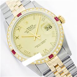 Rolex Men's Two Tone 14K Gold/SS, QuickSet, Roman Dial & Diam/Ruby Bezel - REF-452Z7Y