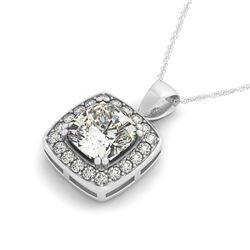 1.5 CTW Cushion Cut VS/SI Diamond Solitaire Halo Necklace 14K White Gold - REF-425N3Y - 30078