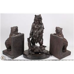 BOX WITH BEAR BOOKENDS AND A STATUE