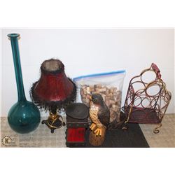 BOX W/ VASES, WINE HOLDER, BIG BAG OF CORKS, OWL &