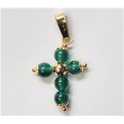 #8-10KT YELLOW GOLD GREEN AGATE CROSS PENDANT