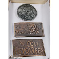 BOX W/3 BELT BUCKLES - 1937 NICKEL,