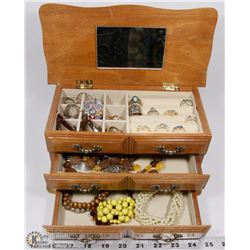 LARGE CARVED WOODEN JEWELRY BOX WITH CONTENTS