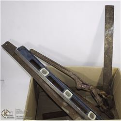 BOX OF TOOLS INCL CHAIN BOOM, LEVEL, SAW ETC
