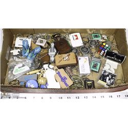 FLAT OF KEY CHAINS / TAGS, INCLUDES GUINNESS, RUBIX