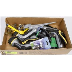 FLAT OF DIFFERENT GARDEN TOLLS INCL NOZZLES ETC