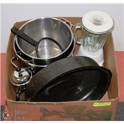 LARGE BOX W/2 LARGE POTS, COFFEE PRESS,