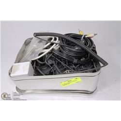TIN WITH ASSORTED CABLES, CHARGERS ETC