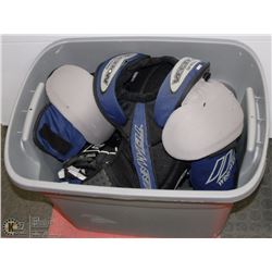 BIN FULL OF JUNIOR HOCKEY EQUIPMENT