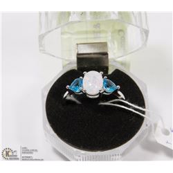 #57-WHITE FIRE OPAL & BLUE TOPAZ  RING