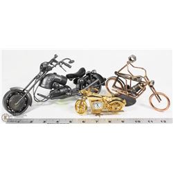 LOT OF 3 ASSORTED METAL MOTORCYCLES  1 HAS A CLOCK