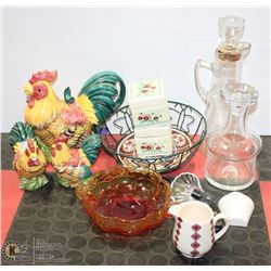 BOX W/ VINTAGE DECANTERS, ROOSTER ORNAMENTS & MORE