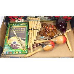 FLAT OF ASSORTED INSTRUMENTS INCL WHISTLES, FLUTES