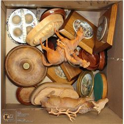 ESTATE BOX OF WOODEN STATUES, DECORATIONS AND MORE
