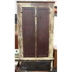 ANTIQUE WOOD WARDROBE WITH ALL ORIGINAL HARDWARE.