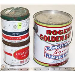 LOT OF 3 VINTAGE TINS - 1 SYRUP TIN & 2 TOBACCO