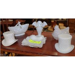 7 PC COLLECTION OF MILK GLASS - TOP HATS, VASE &