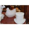 Image 2 : 7 PC COLLECTION OF MILK GLASS - TOP HATS, VASE &