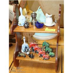 2 TIER WOOD SHELF FILLED WITH TRINKETS & BELLS