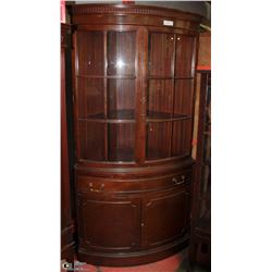 CORNER DARK WOOD & CURVED GLASS CHINA CABINET