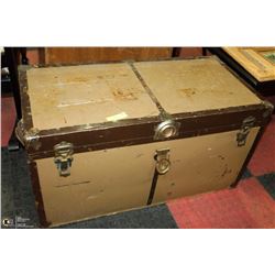 METAL AND LEATHER TRUNK 34” X 18” X 17”