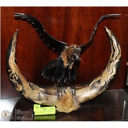 ASIAN STYLE HORN CARVED EAGLE STATUE 15" X 14"