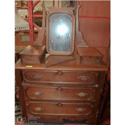 ANTIQUE WOOD 3 DRAWER DRESSER W/ MIRROR