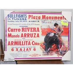 NEW BULLFIGHT ADVERTISING BRASS FRAMED 12"X25"