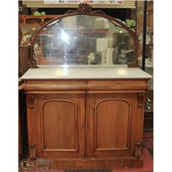 ANTIQUE CARVED WOOD VANITY WITH MARBLE TOP