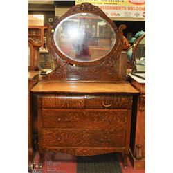 ANTIQUE SOLID WOOD CARVED DRESSER WITH MIRROR
