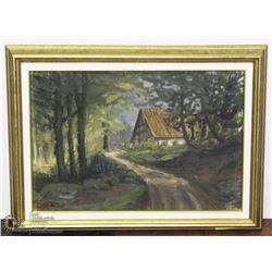 FOREST HOUSE FRAMED PAINTING 21X16.