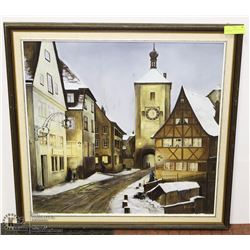 FRAMED VILLAGE PAINTING BY JOY SMIH 29"X29".