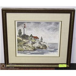 FRAMED SIGNED CANVAS LIGHTHOUSE PAINTING 22X20.