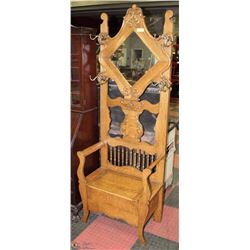ANTIQUE SOLID OAK HALL TREE 27"X16"X70"HIGH