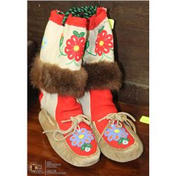 NATIVE BEADED MUKLUKS TRIM ON ONE NEEDS RE SEWING
