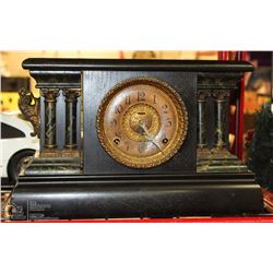 BLACK AND BRASS CLOCK, MISSING DECORATIVE  PIECE
