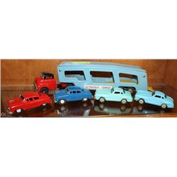 1950'S GMC TIN CAR HAULER W/ 5 TIN CARS