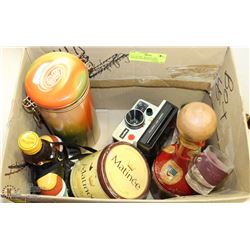 LOT OF TINS , BOTTLES AND VINTAGE POLAROID CAMERA