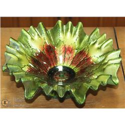 VINTAGE PINCHED EDGE GREEN GOOFUS GLASS BOWL