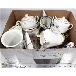 ESTATE BOX OF CHINA CUPS, CREAM & SUGARS & MORE