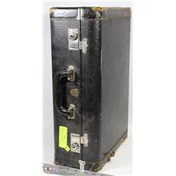 ANTIQUE BLACK LEATHER SUITCASE 18” X 13” X 6”