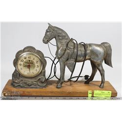 ANTIQUE DESK METAL CLOCK AND HORSE DISPLAY