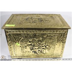 ANTIQUE EMBOSSED BRASS KINDLING BOX